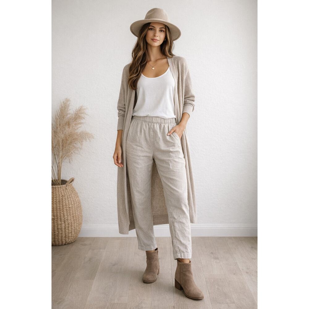 Boho Relaxed Linen Blend Pull On Pants M Beige Casual Indie Western Festival